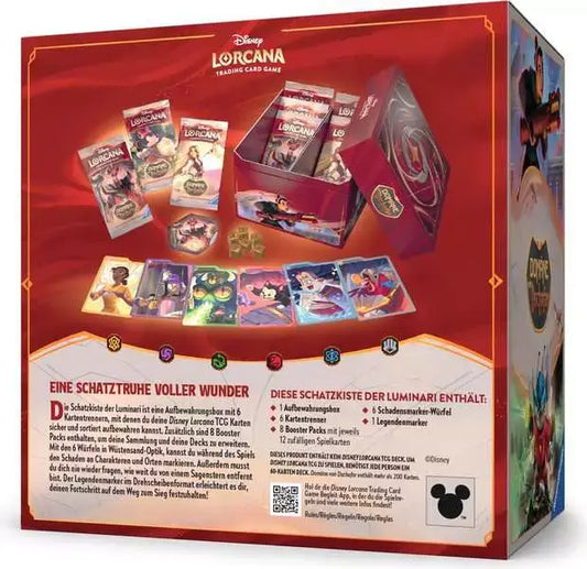 Rückseite der Lorcana Schatzkiste Domäne von Dschafar mit Produktdetails und Inhalt