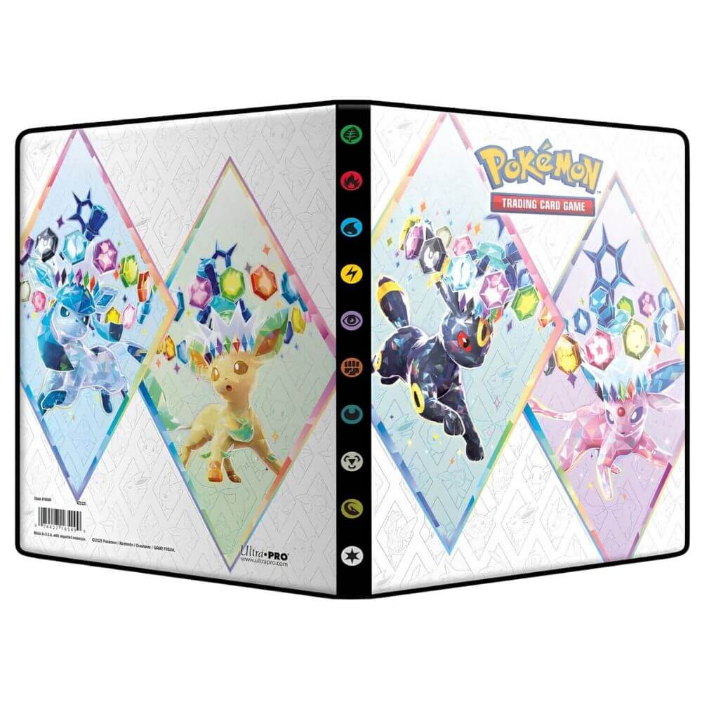 Pokémon 4-Pocket Binder von Ultra Pro – Vorder- & Rückseite mit Evoli-Entwicklungen (Nachtara, Psiana, Glaziola, Folipurba) aus der Prismatic Evolutions Serie