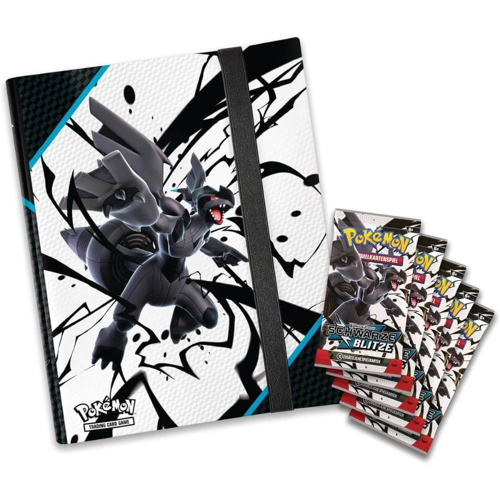 Inhalt der Pokémon Schwarze Blitze Ordner-Kollektion mit Boostern und Zekrom-Sammelordner