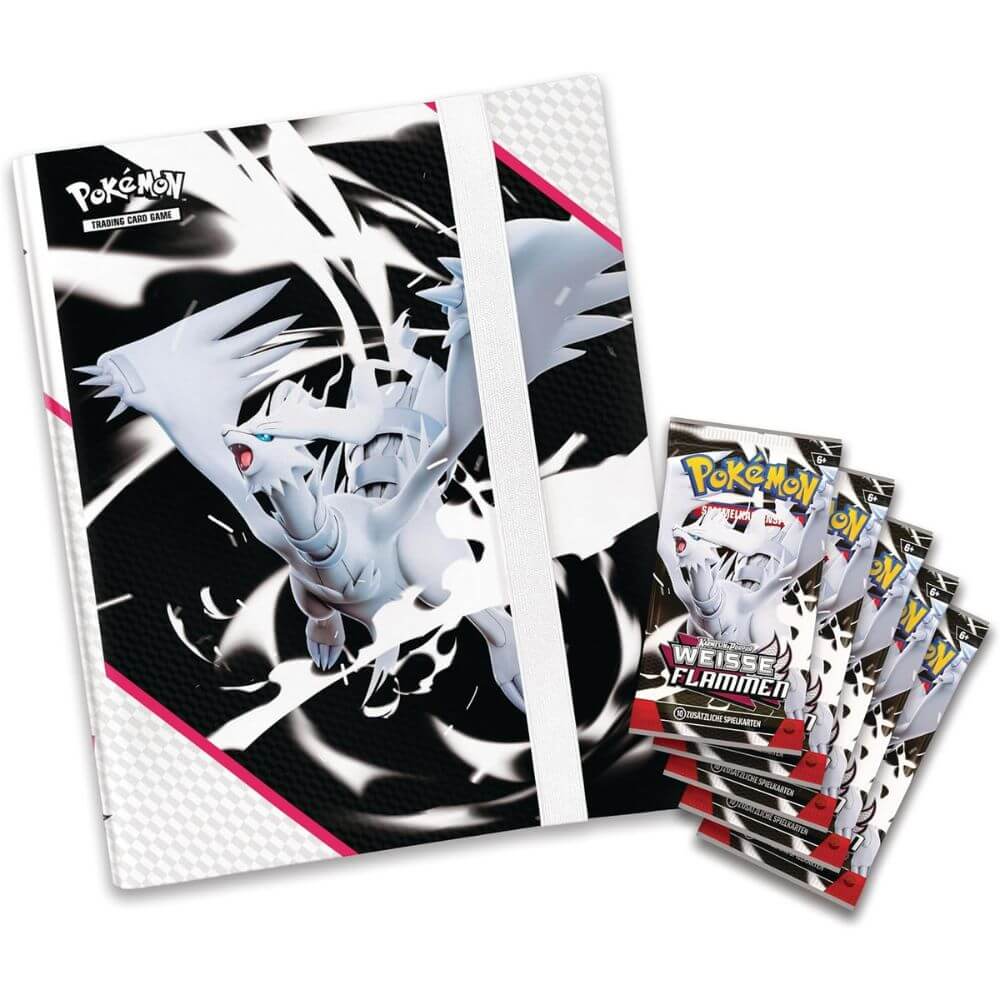 Inhalt der Pokémon Weiße Flammen Ordner-Kollektion mit Boostern und Reshiram-Design