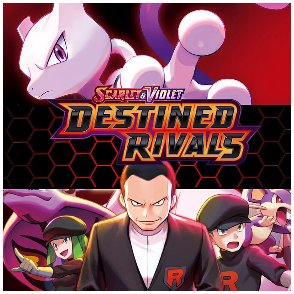 Artwork zur Pokémon-Erweiterung Scarlet & Violet – Destined Rivals mit Team Rocket, Mewtu und Giovanni. Jetzt Angebote entdecken.