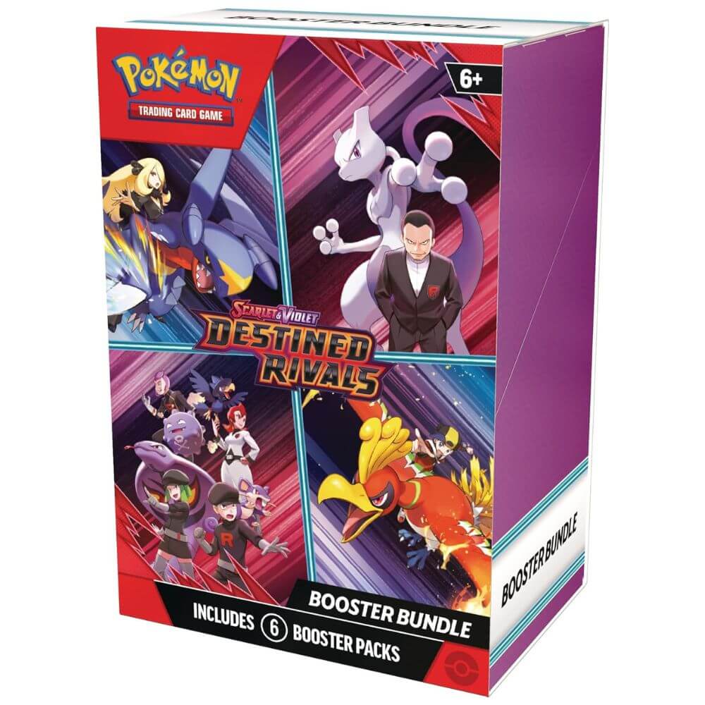 Seitenansicht des Booster Bundles „Destined Rivals“ mit Artwork von Mewtu, Ho-oh, Cynthia & Team Rocket