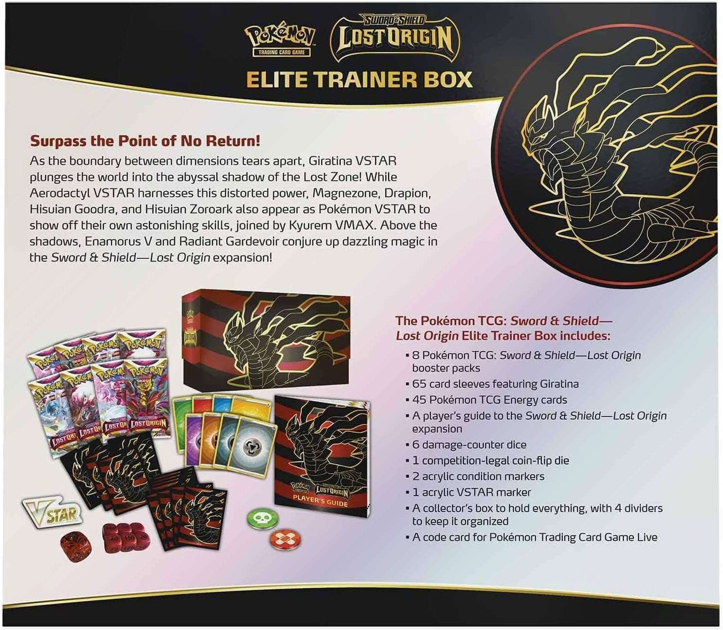 Rückseite der Lost Origin Elite Trainer Box mit Inhaltsangabe (EN)