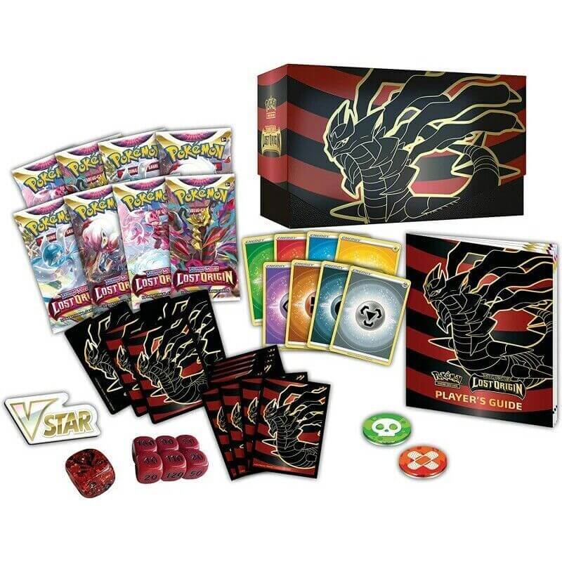 Inhalt der Pokémon ETB Lost Origin mit Sleeves, Würfeln, Boosterpacks