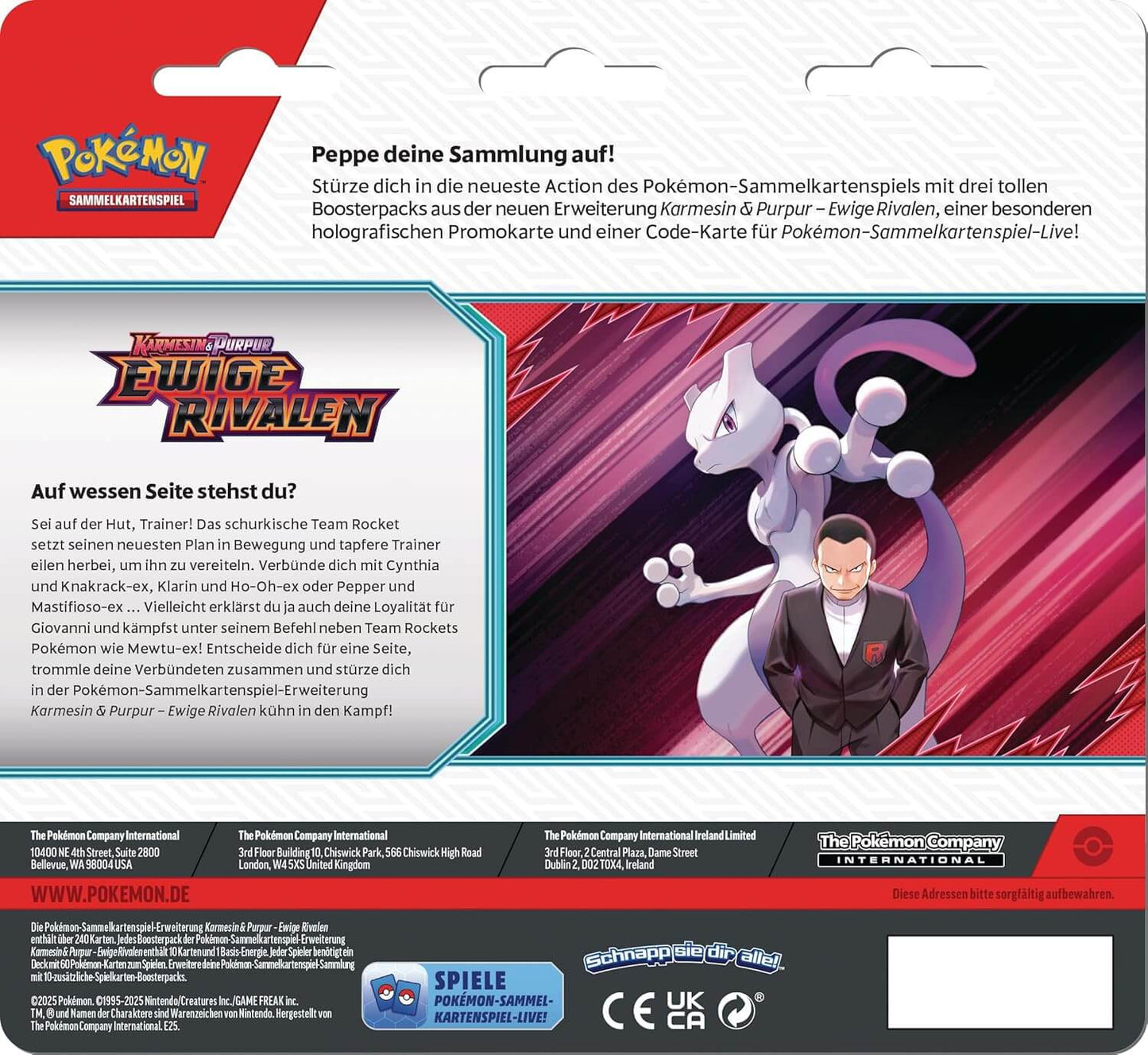 Verpackungsrückseite des Pokémon 3er Blisters – Ewige Rivalen (DE) mit Produktinfos und Artwork Giovanni & Mewtu