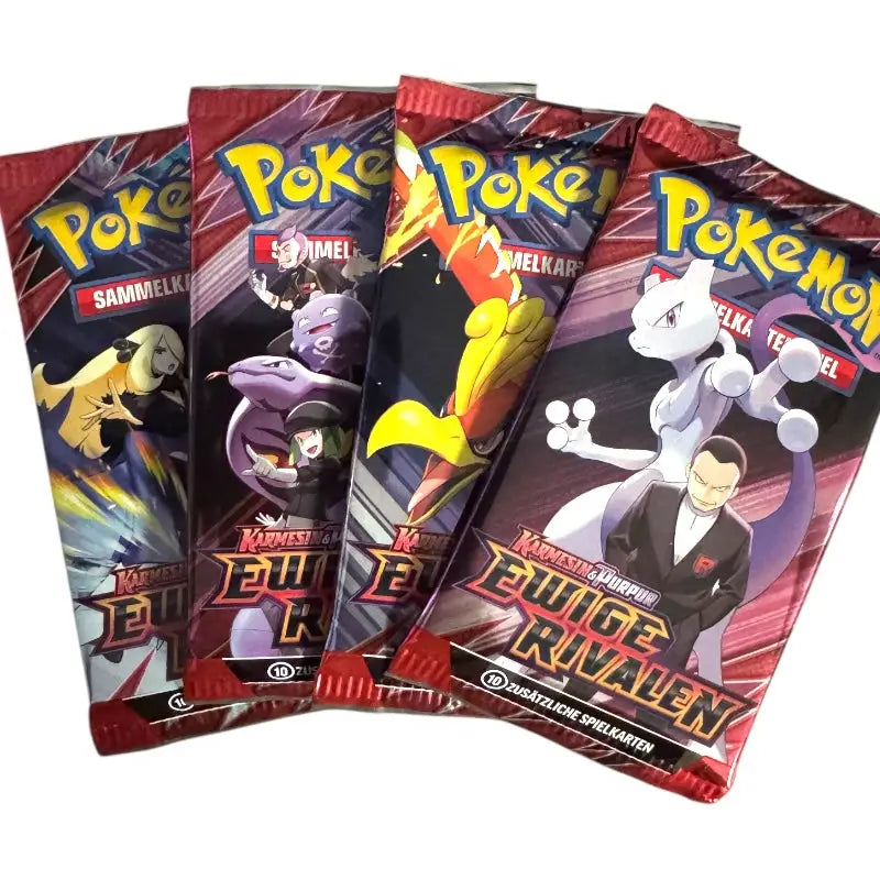 Verschiedene Boosterdesigns aus der Pokémon-Erweiterung „Ewige Rivalen“