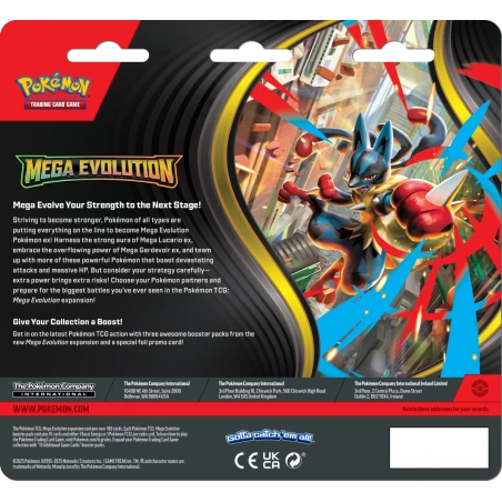 Pokémon Mega Evolution 3-Pack Blister (Englisch) Rückseite mit Produktdetails