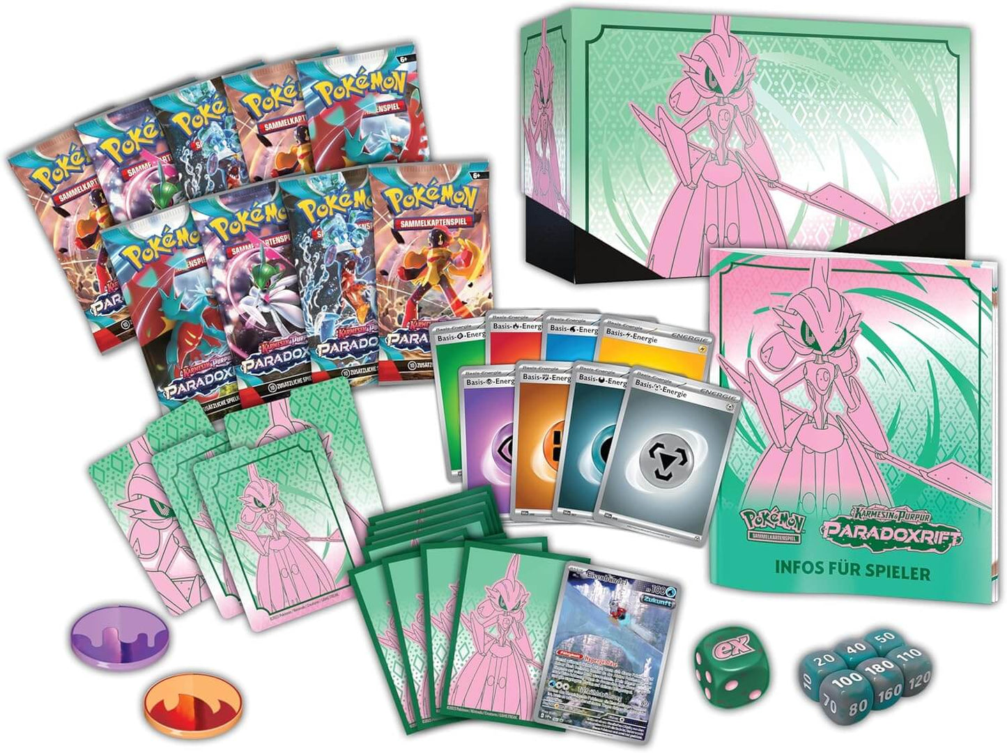 Inhalte der Pokémon Paradoxrift Top-Trainer-Box: Boosterpacks, Sleeves, Würfel und Promokarte