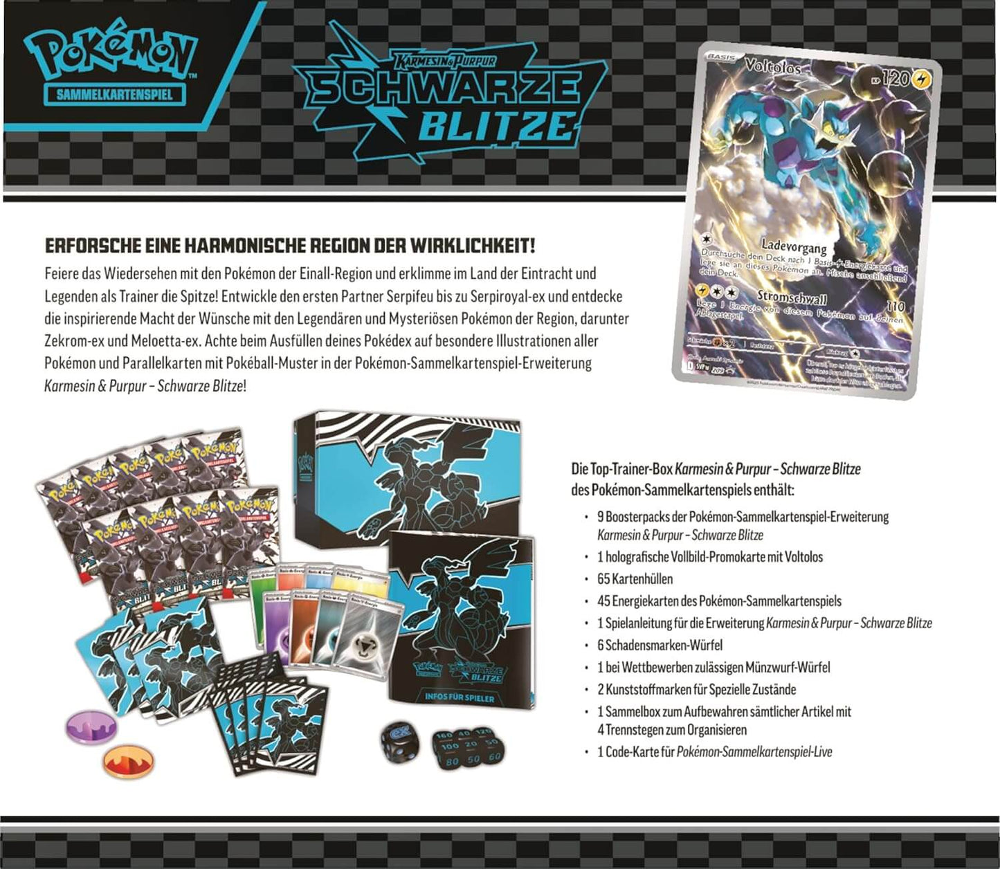 Rückseite der Pokémon Schwarze Blitze Top-Trainer-Box mit Produktdetails (Deutsch)
