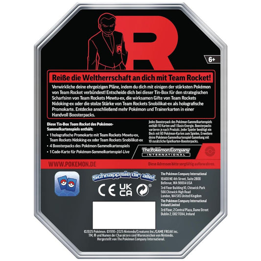 Rückseite der Pokémon Team Rocket’s Mewtu-ex Tin Box mit Produktdetails (Deutsch)
