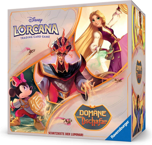 Frontansicht der Lorcana Schatzkiste Domäne von Dschafar mit Rapunzel, Jafar & Minnie