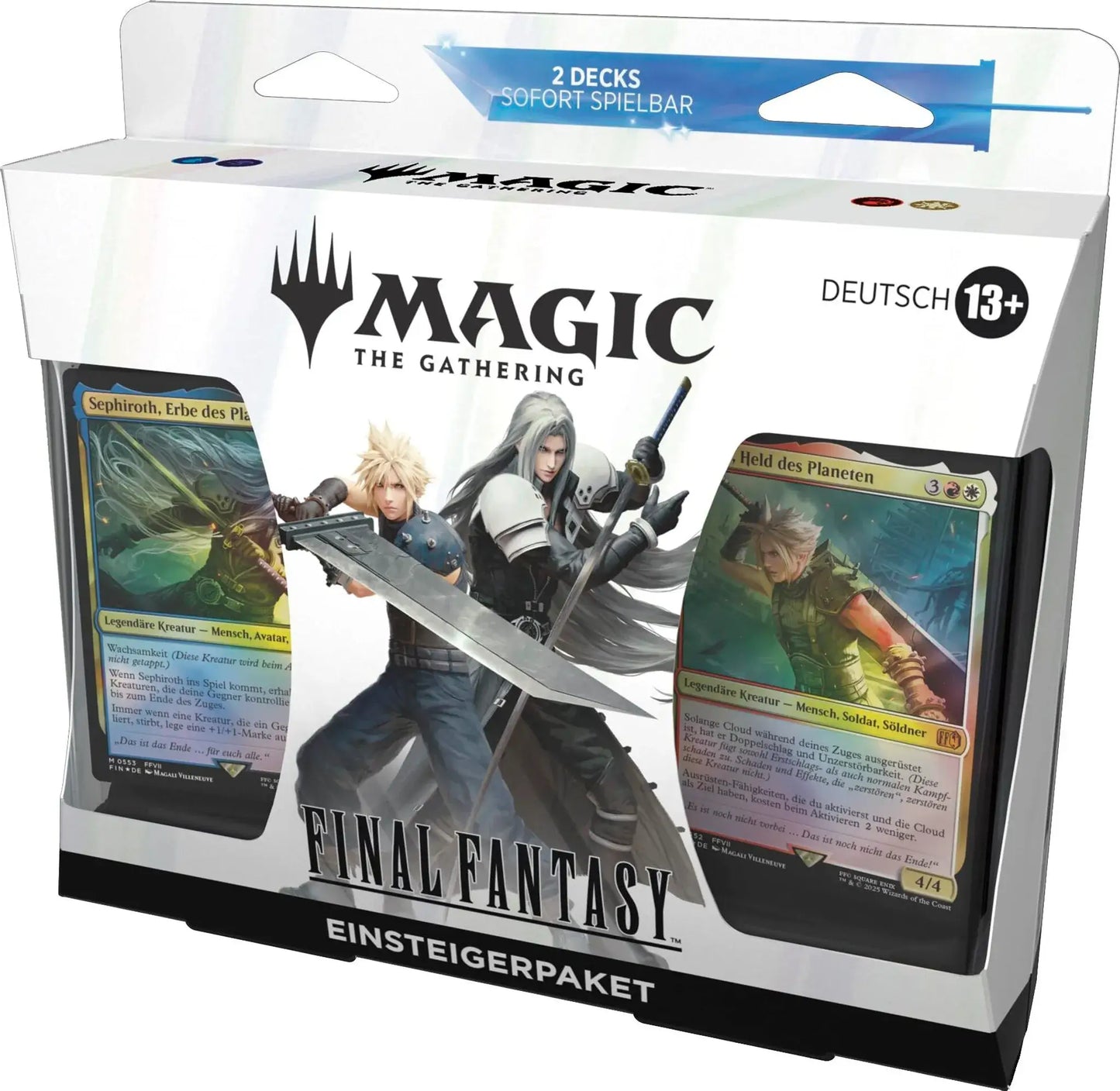 Seitliche Frontansicht des Magic: The Gathering – Final Fantasy Einsteigerpakets mit Cloud und Sephiroth (Deutsch)