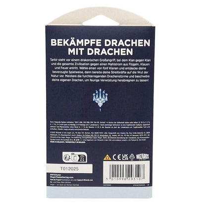 Rückseite des Magic: The Gathering – Tarkir Drachensturm Sleeved Boosters (Deutsch) mit Flavourtext über Drachen, Clans und epische Schlachten