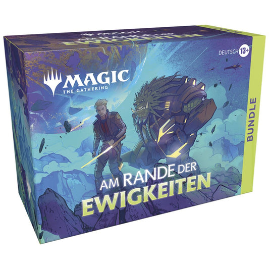 Magic The Gathering Am Rande der Ewigkeiten Bundle auf Deutsch – Verpackung mit Sci-Fi-Artwork, zwei Charaktere in futuristischer Landschaft