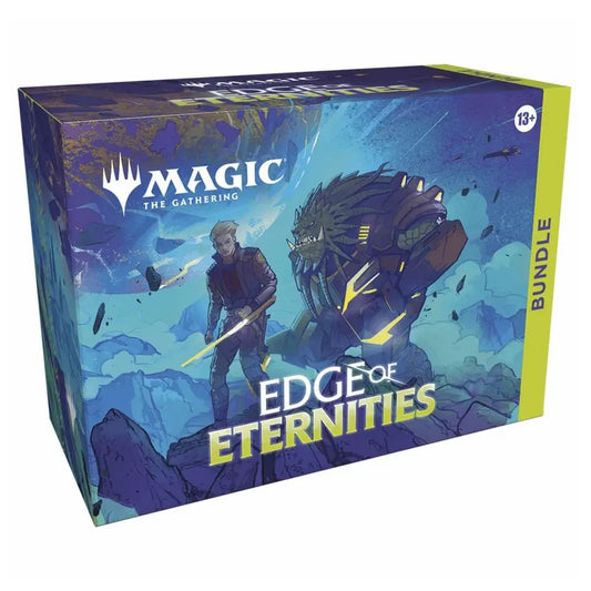 Magic The Gathering Edge of Eternities Bundle auf Englisch – Science-Fiction-Artwork mit zwei futuristischen Charakteren vor blauer Landschaft