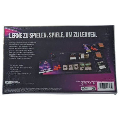 Rückseite der Magic Grundstein Einsteigerbox mit Spielübersicht und Lieferumfang (Deutsch)