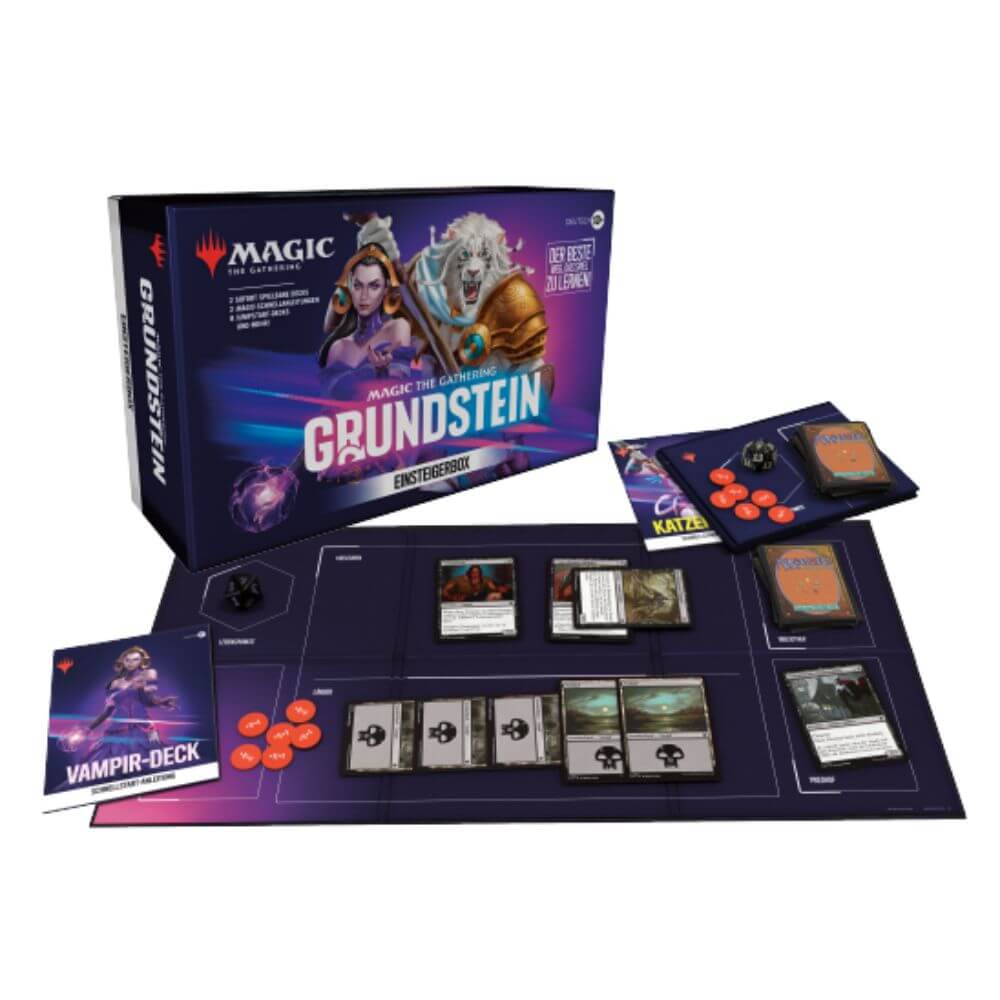 Inhalt der Grundstein Einsteigerbox: Decks, Spielmatten, Spindown-Würfel und Anleitung