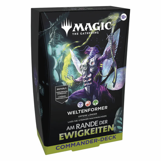 Magic The Gathering Commander Deck Weltenformer auf Deutsch – außerirdisches Insekt mit Pflanzenkräften, Artwork der Produktverpackung