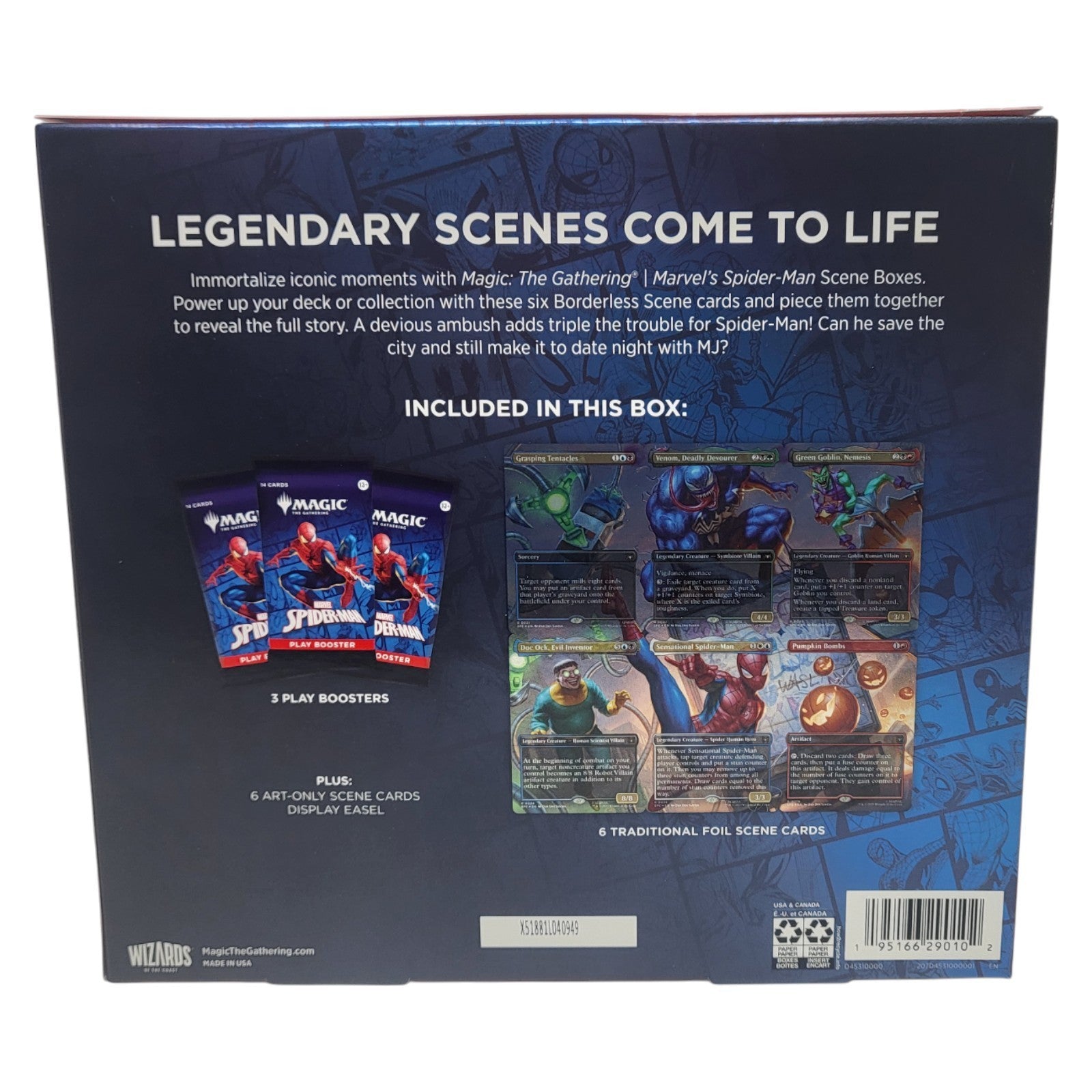 Magic: The Gathering Marvel Spider-Man Scene Box Spidey’s Spectacular Showdown Rückseite mit Inhalt (Englisch)