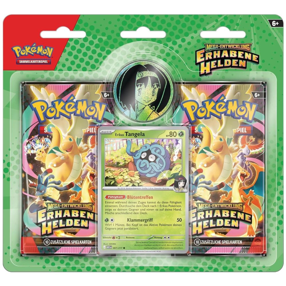 Pokémon Erhabene Helden 2er Blister Erika Tangela mit Münze und Boostern (Deutsch)