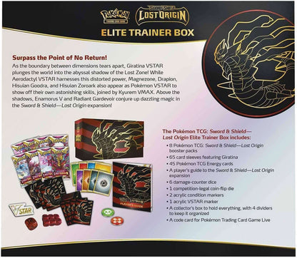 Rückseite der Lost Origin Elite Trainer Box mit Inhaltsangabe (EN)