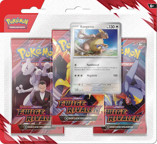 Pokémon 3er Blister – Ewige Rivalen (DE) mit holografischer Promokarte Kangama und 3 Boosterpacks