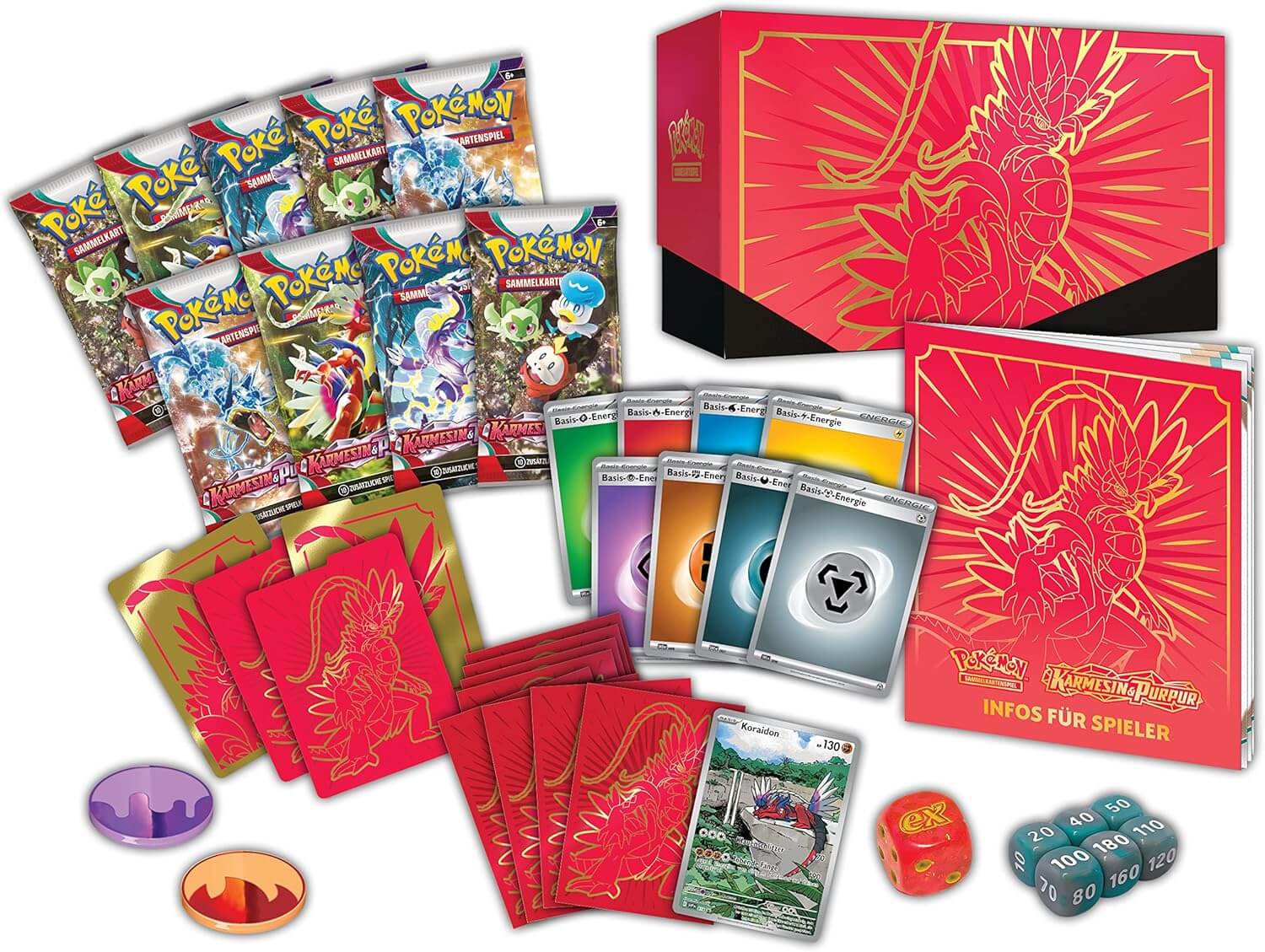 Inhalt der Pokémon Karmesin & Purpur Top-Trainer-Box mit Boostern, Kartenhüllen & Würfeln