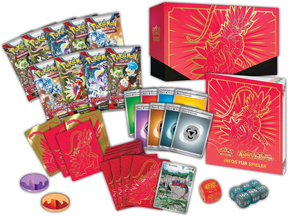 Inhalt der Pokémon Karmesin & Purpur Top-Trainer-Box mit Boostern, Kartenhüllen & Würfeln