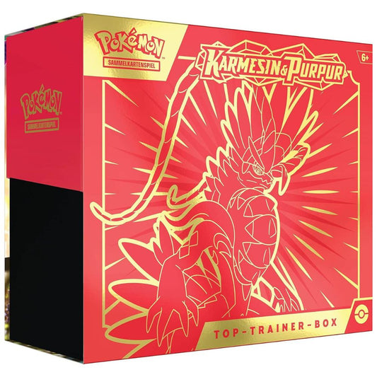 Pokémon Karmesin & Purpur Top-Trainer-Box mit goldrotem Design und stilisierter Illustration von Koraidon auf der Vorderseite.