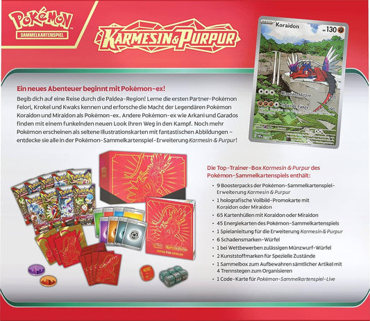 Rückseite der Karmesin & Purpur Top-Trainer-Box mit Promokarte und Produktinfos