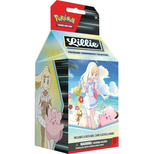 Vorderseite der Pokémon Premium Tournament Collection – Lillie Edition mit Strandmotiv und Piepi Clefairy
