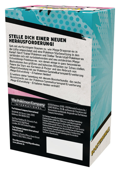 Pokémon Mega-Entwicklung – Erhabene Helden Boosterbundle mit Produktdetails und Rückansicht (Deutsch)