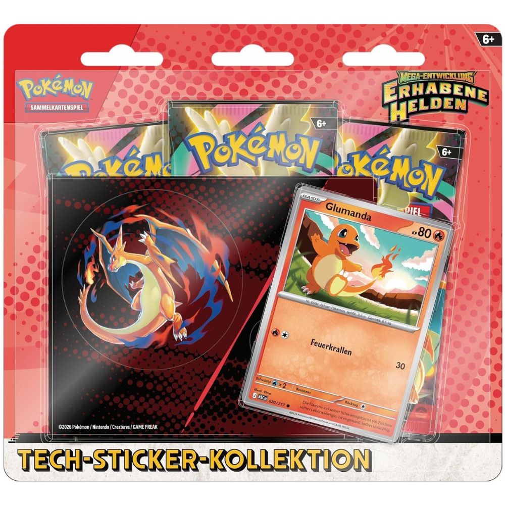 Pokémon Mega-Entwicklung – Erhabene Helden Tech-Sticker-Kollektion mit Glumanda Promokarte (Deutsch)