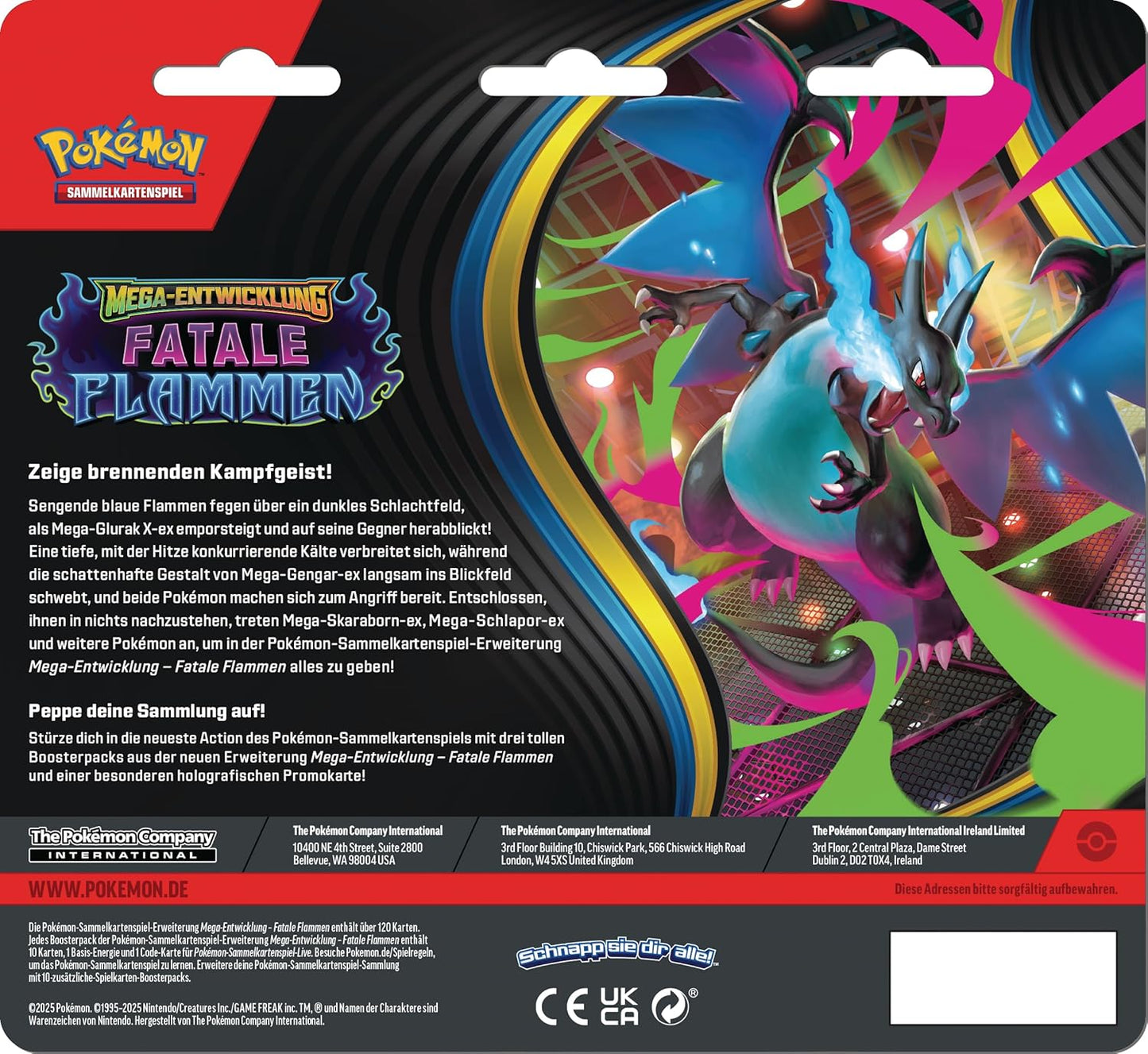Pokémon Mega-Entwicklung – Fatale Flammen 3-Pack Blister (Deutsch) Produktinformationen Rückseite