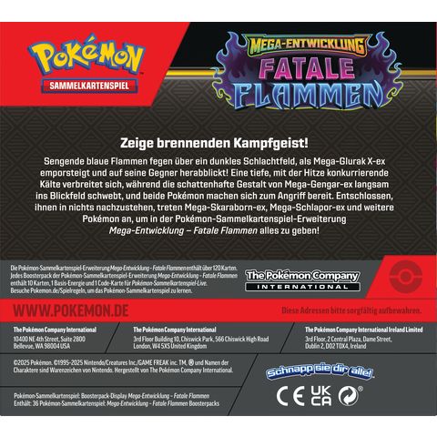 Pokémon Mega-Entwicklung Fatale Flammen Booster Display Rückansicht mit Produktdetails (Deutsch)