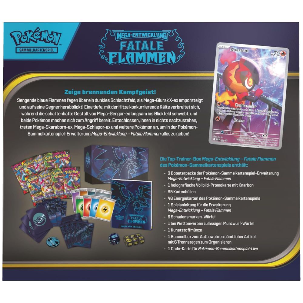Inhalt der Pokémon Mega-Entwicklung – Fatale Flammen Top-Trainer-Box (Deutsch) mit Boostern und Zubehör