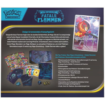 Inhalt der Pokémon Mega-Entwicklung – Fatale Flammen Top-Trainer-Box (Deutsch) mit Boostern und Zubehör