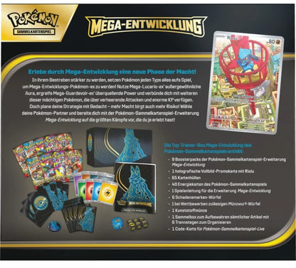 Inhalt der Pokémon Mega-Entwicklung Top-Trainer-Box Mega Lucario (Deutsch) mit Boostern und Zubehör