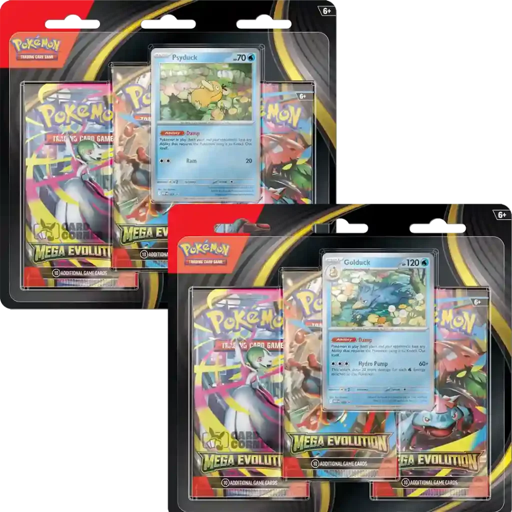 Pokémon Mega Evolution 3-Pack Blister (Englisch) mit Psyduck oder Golduck Promo