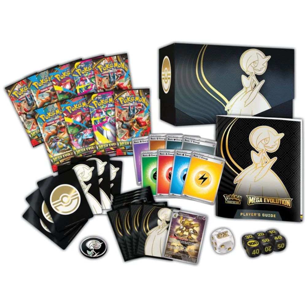 Inhalt der Pokémon Mega Evolution Elite Trainer Box mit Boostern, Sleeves und Zubehör (Englisch)