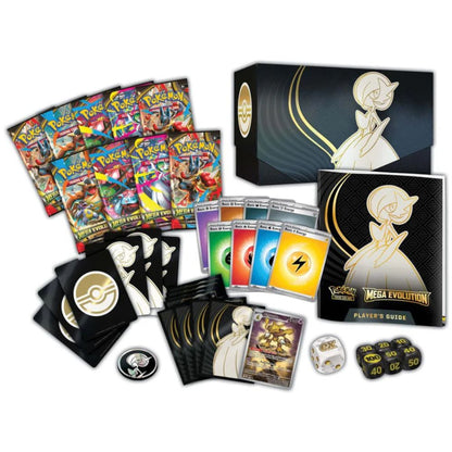 Inhalt der Pokémon Mega Evolution Elite Trainer Box mit Boostern, Sleeves und Zubehör (Englisch)