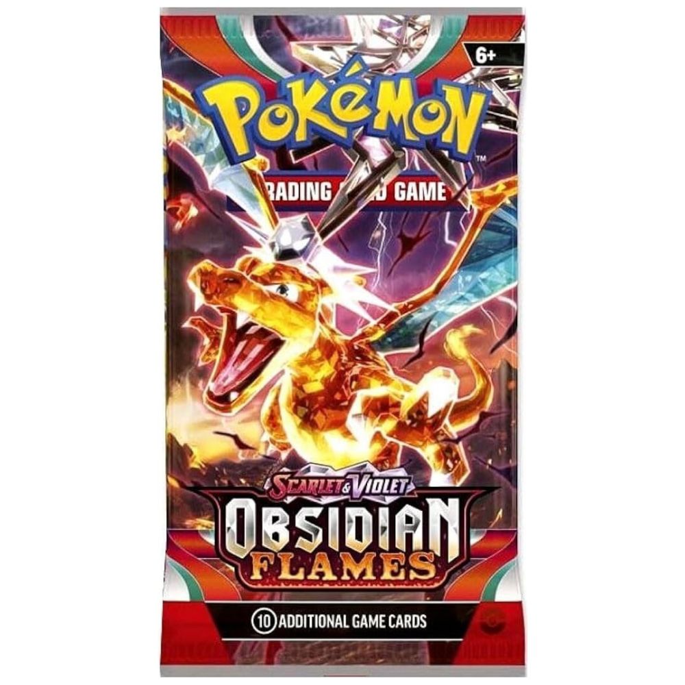Frontansicht des Pokémon Obsidian Flames Boosterpacks (EN) mit Terakristall-Glurak
