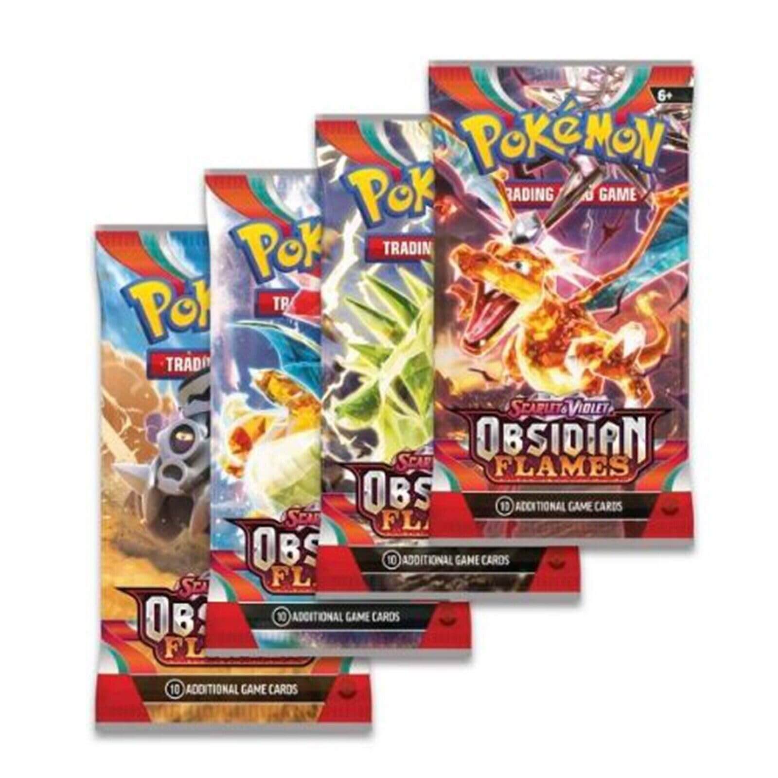 Alle vier Artworks des Pokémon Obsidian Flames Boosterpacks in englischer Version