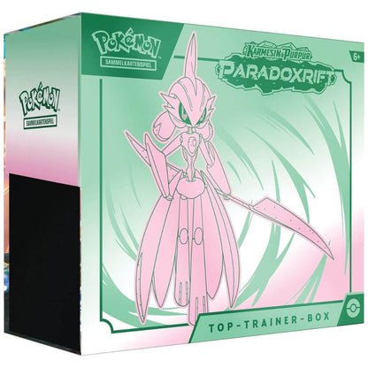 Vorderseite der Pokémon Paradoxrift Top-Trainer-Box (DE) mit Artwork von Eisenkrieger