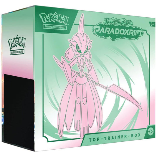 Vorderseite der Pokémon Paradoxrift Top-Trainer-Box (DE) mit Artwork von Eisenkrieger