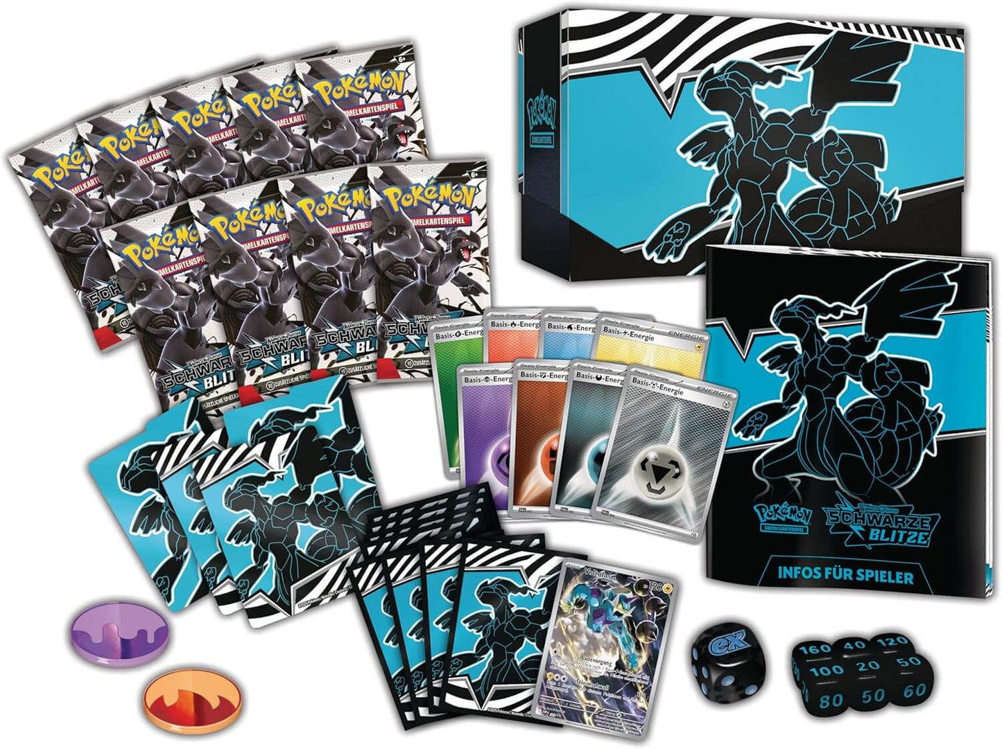 Inhalt der Pokémon Schwarze Blitze Top-Trainer-Box mit Boostern und Zubehör (Deutsch)
