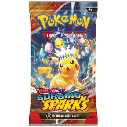 Frontansicht des Pokémon Surging Sparks Boosterpacks (EN) mit Pikachu und Juwelenmotiv