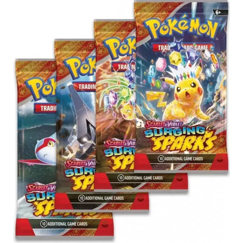 Verschiedene Boosterdesigns aus der Pokémon Surging Sparks Serie (EN)