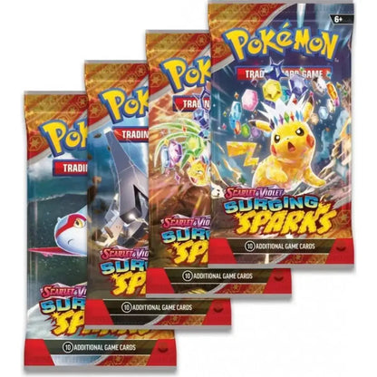 Verschiedene Boosterdesigns aus der Pokémon Surging Sparks Serie (EN)
