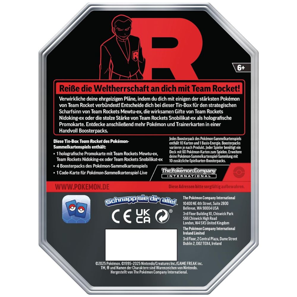 Rückseite der Pokémon Team Rocket’s Mewtu-ex Tin Box mit Produktdetails (Deutsch)